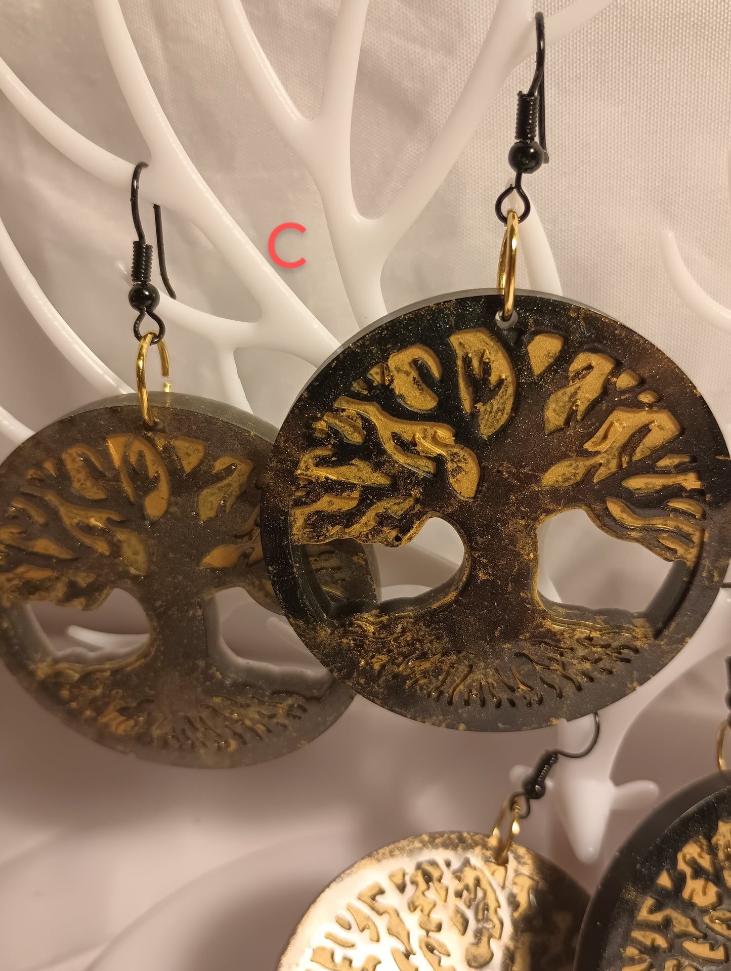 Gold black tree earrings